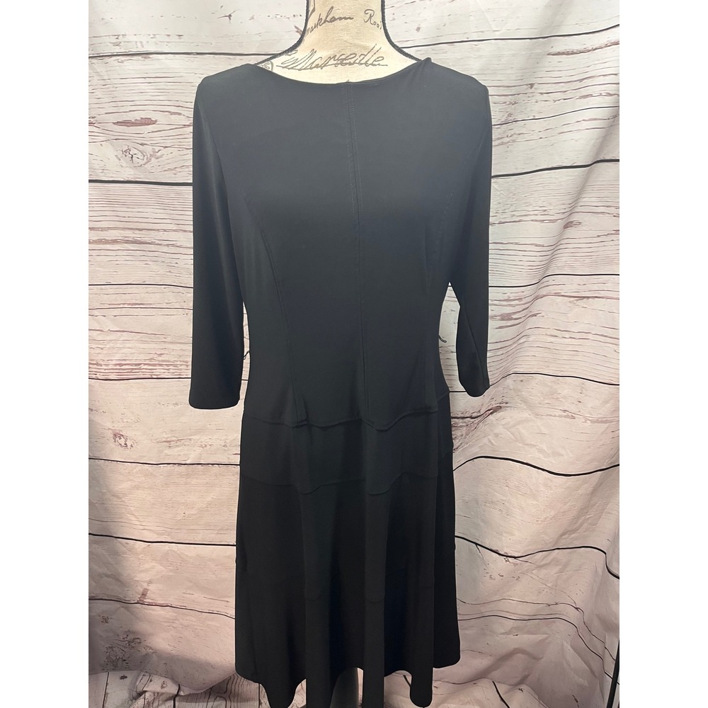 Anne Klein Black Fit and Flare Midi Dress 3/4 Sleeve Boat Neck Size 14